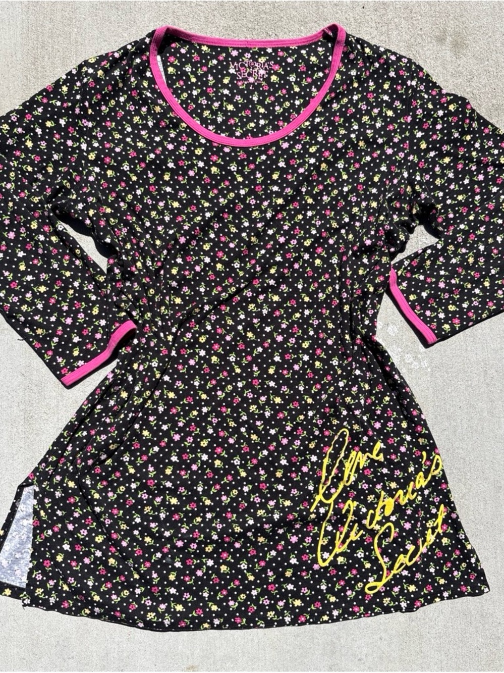 Victoria's Secret Black Floral Chemise with Pink Trim